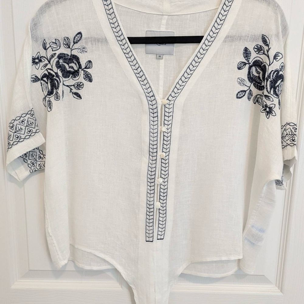 Rails White Blouse with Navy Embroidery